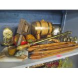 A mixed lot to include brass canons, anniversary clock under a dome, clogs and other items