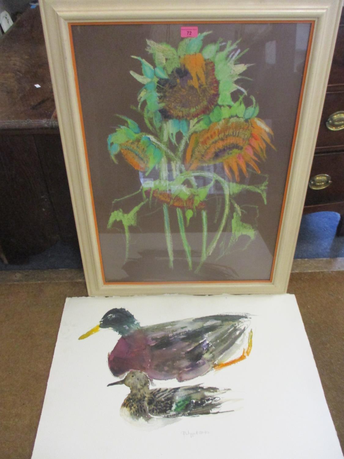 Phillipa James - an unframed watercolour of 2 ducks, together with a framed pastel of French
