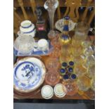 Mixed glassware to include Venetian style decanter and six matching liqueur glasses, mixed amber