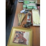 A mixed lot of pictures, pipes and cased spectacles to include a dressing table brush set, a