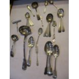 Mixed silver plated cutlery and flatware, together with a corkscrew and ladle