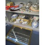 A mixed lot to include silver plate, Old Willow pattern china, boxed Corgi cars, brass inkwell,