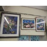 A mixed lot of to include a large Chagall print, two Chinese watercolours and various oil on board