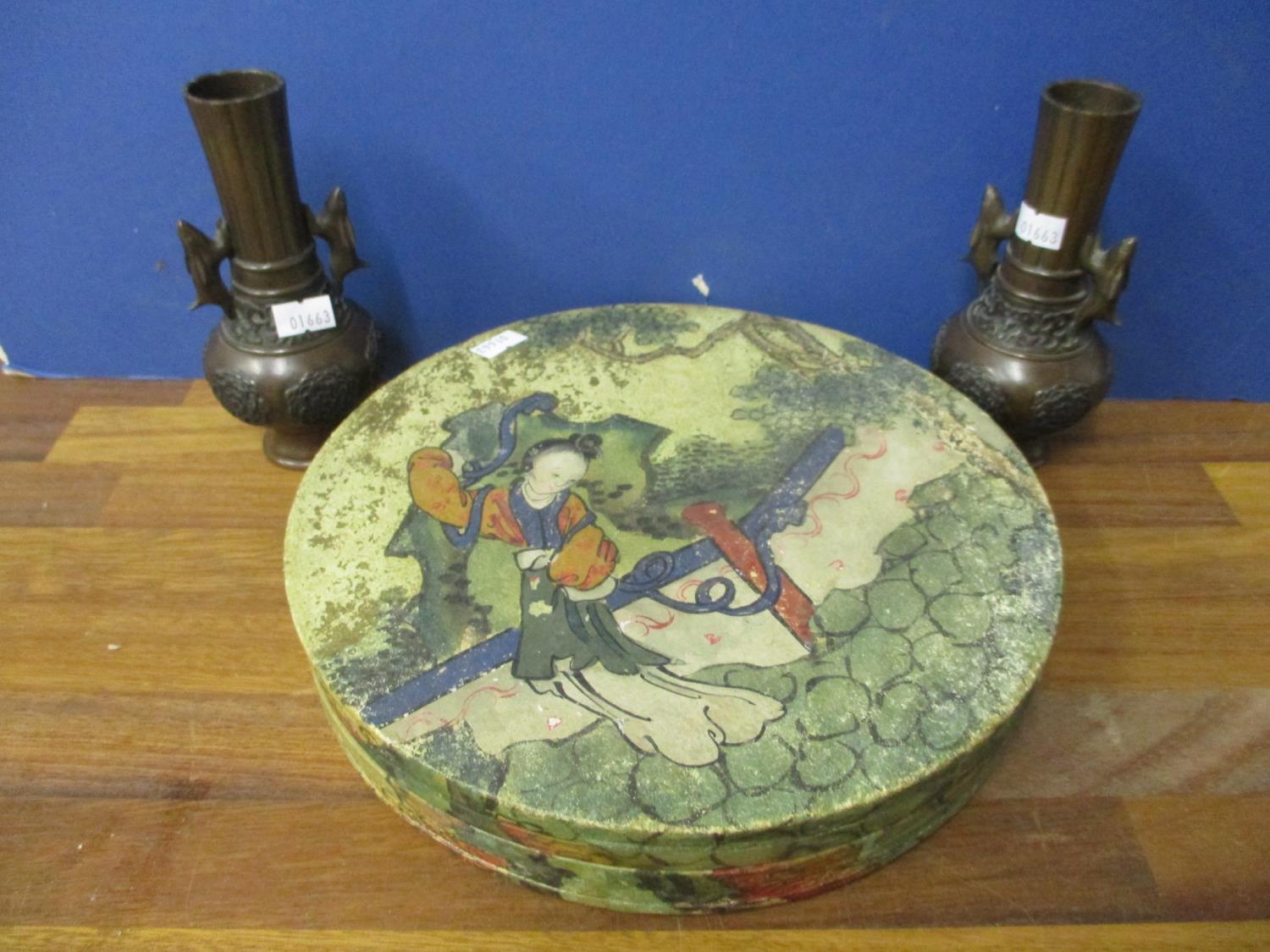 A pair of 19th century Japanese bronze vases, 6" h, together with an oriental tambourine shaped box