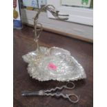 A late Victorian grape dish and vine hanger and a pair of Victorian grape scissors