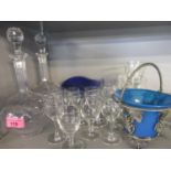 A pair of etched decanters and mixed glassware to include a Bristol blue glass handkerchief style