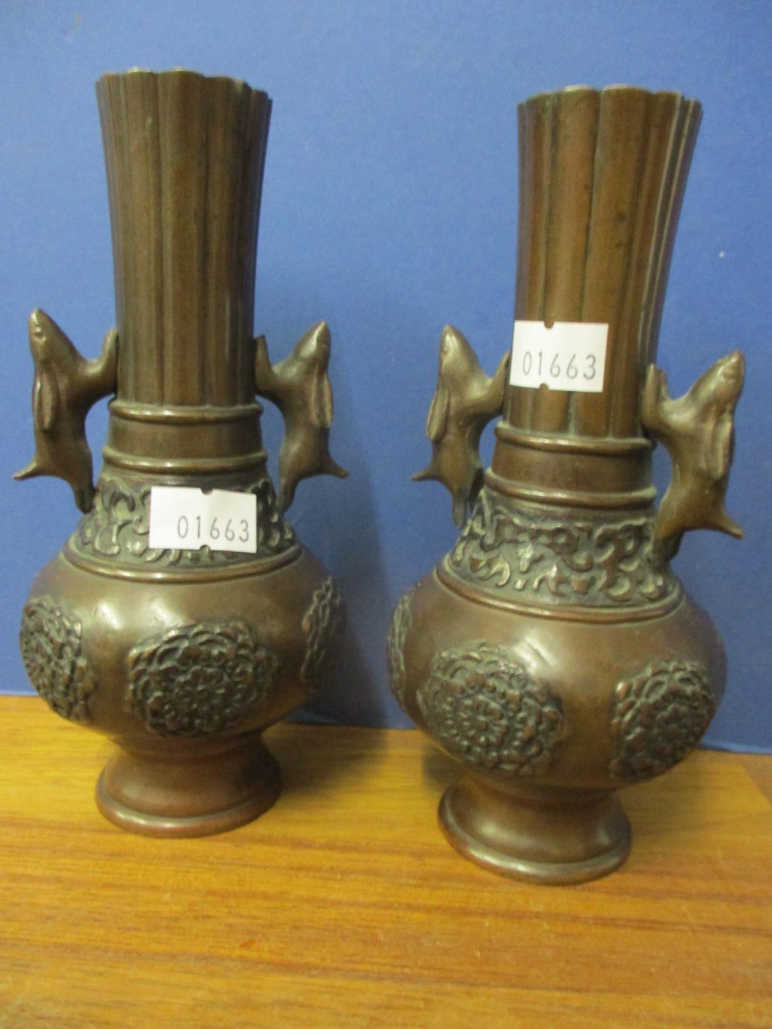 A pair of 19th century Japanese bronze vases, 6" h, together with an oriental tambourine shaped box - Image 2 of 3