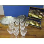 Glassware and silver plated to include mixed pedestal glasses, an entree dish, a set of Harrods