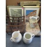 A mixed lot to include engravings, porcelain jugs, picture frame, Canterbury and a foot stool