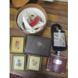 A mixed lot to include miniature paintings signed Kay Gray, hip flasks, gents collars with leather