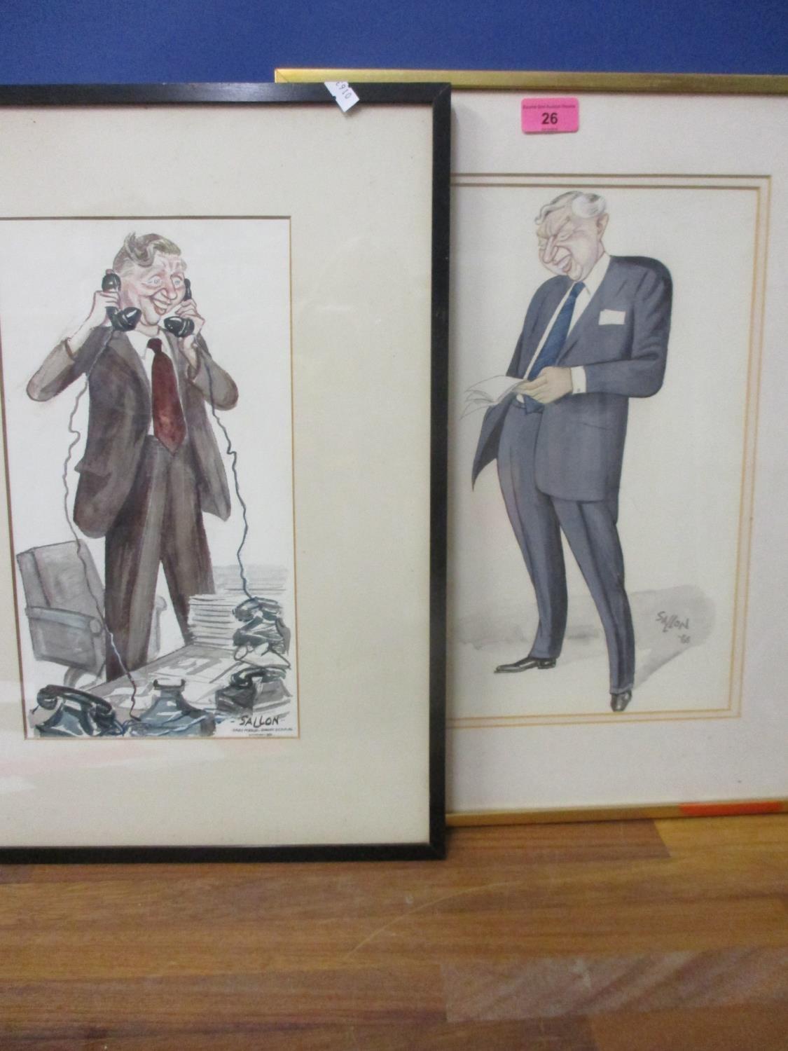 A pair of Sallon caricature watercolours of business men, signed and dated '68 and 1951, mounted