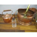 A copper coal scuttle, a Victorian copper kettle and a glass scent bottle with a silver and