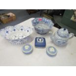 A selection of blue and white ceramics to include a Royal Copenhagen blue fluted full lace bowl of