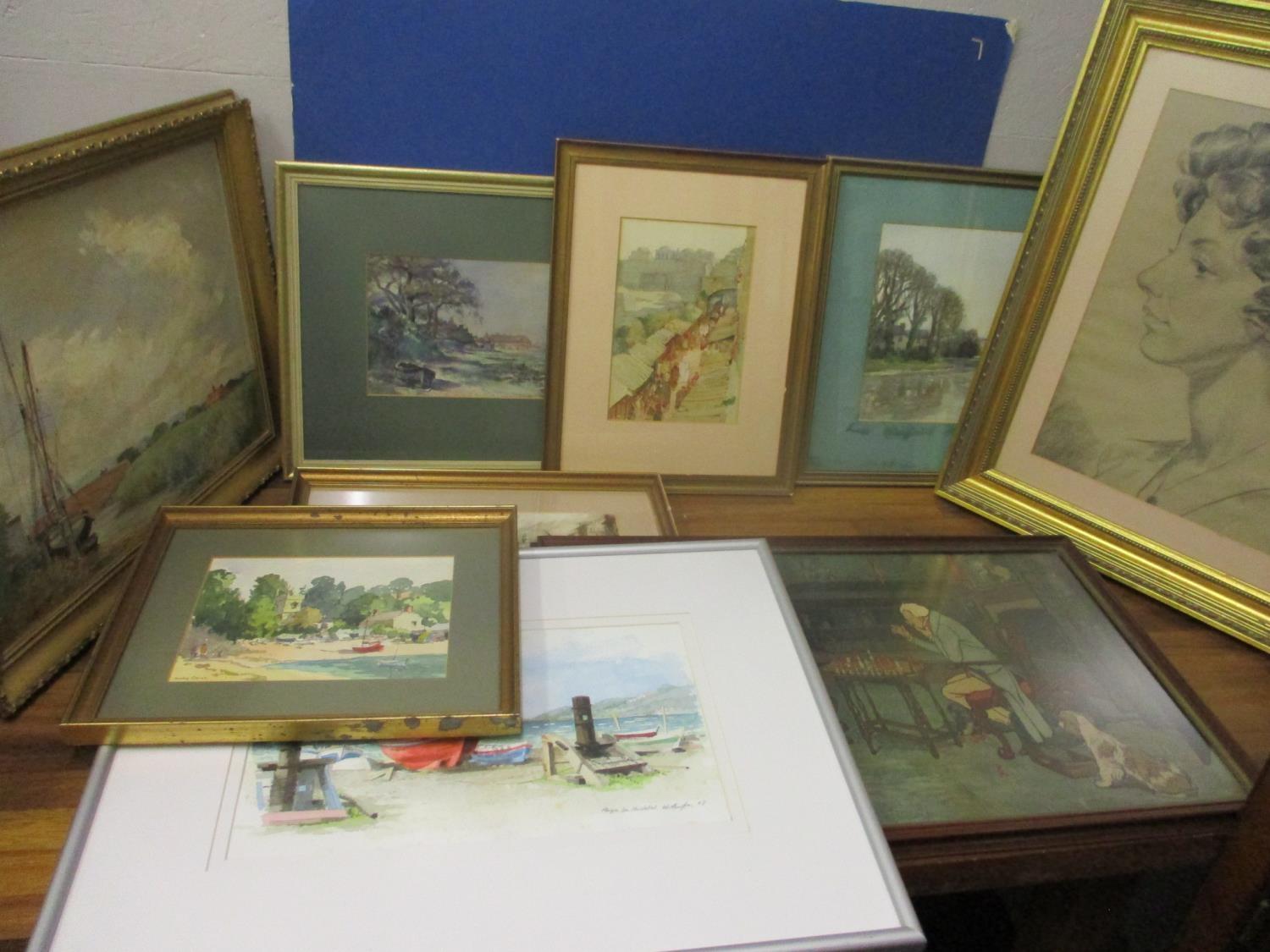 A group of watercolours to include one singed Sarley Orion, a Cecil Aldin print and a crayon