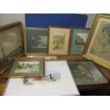 A group of watercolours to include one singed Sarley Orion, a Cecil Aldin print and a crayon