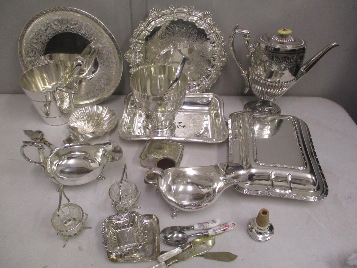 A selection of silver plate to include tureens, coffee pot, cutlery, card tray and other items