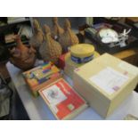 A mixed lot to include a gents straw boater with hat box, Vulcan child's sewing machine,