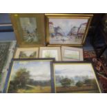 Mixed pictures to include a watercolour depicting a street scene, signed Woodhead and others