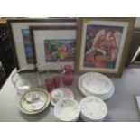 A mixed lot to include cranberry glassware, Wedgwood Rosehip china, three limited edition prints and