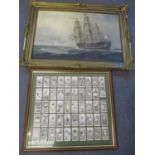 An oil painting depicting a sailing ship, together with a selection of framed cigarette cards
