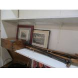 A mixed lot to include a Victorian walnut box, two engravings and mixed walking sticks, some with