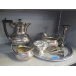 Mixed silver plate to include a tray, teapot and other items