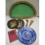 Fan related items to include an early 20th century carved wooden hand fan fashioned as a bird,