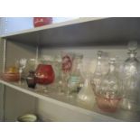 Mixed glassware to include a Lalique Roxanne crystal wine goblet, decanters, etched glassware and