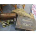 A WWII tin twin handled trunk, together with a military canvas bag and a Singer sewing machine