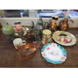 A mixed lot of ceramics, metalware and other items to include a Humpty Dumpty brass money box, mixed