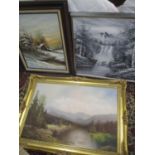 Three landscape oil on canvas, framed, to include one depicting a lake scene with mountains to the