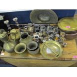 A quantity of metalware to include two bed pans, silver plated candlesticks and brassware