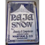 A vintage Raja Snow Talc enamelled sign in blue and white