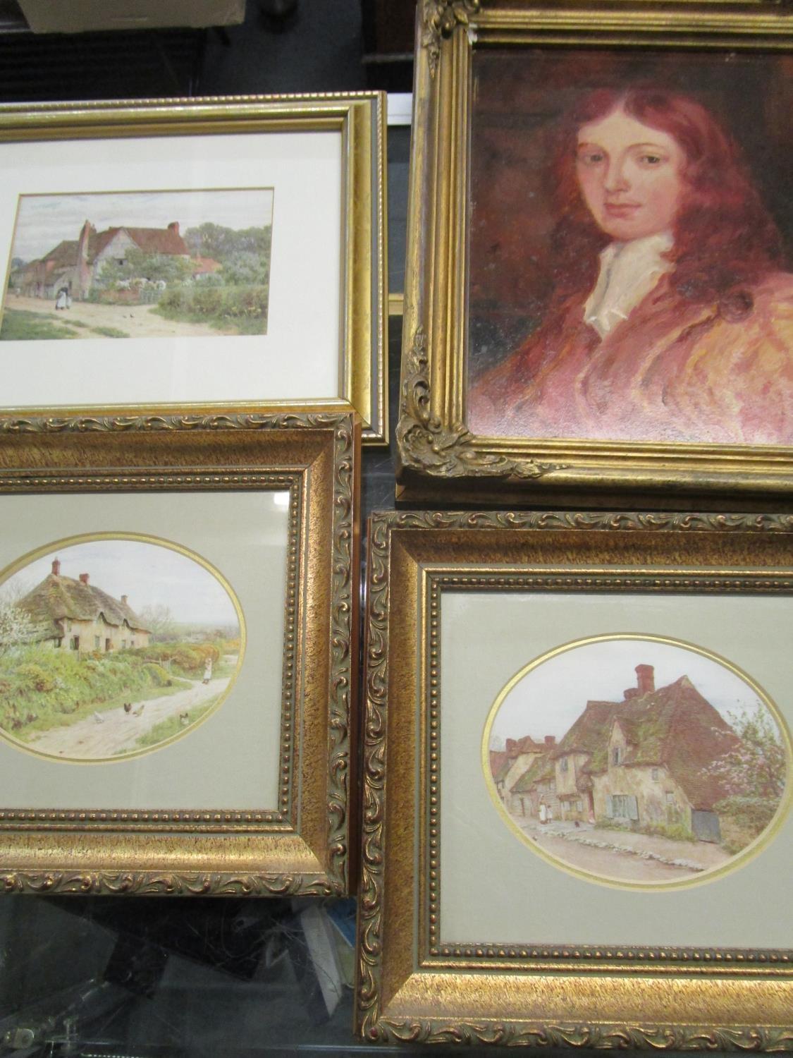 A group of seven pictures to include two modern oil portraits signed H Walsh and various framed - Image 4 of 4