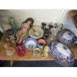 Ceramics and collectables to include a French porcelain headed doll, glass decanters and other items