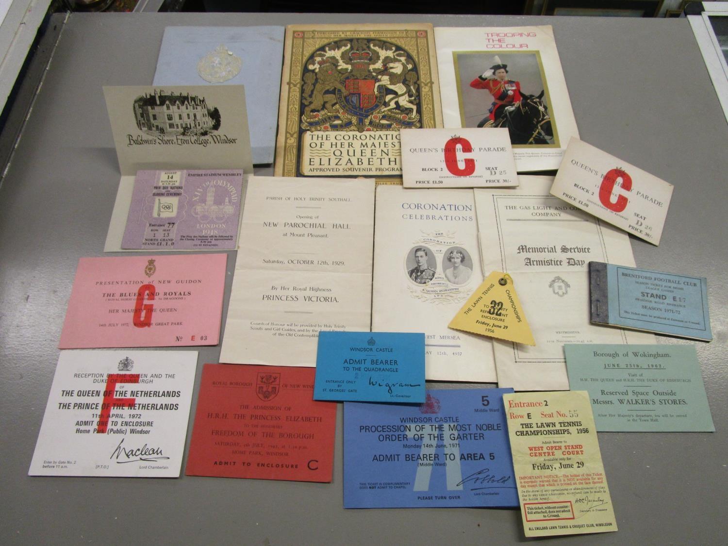 Ephemera to include a lilac coloured London 1948 Olympiad closing ceremony ticket, August 14