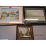 Three pictures to include an oil on board of a European alpine river landscape and two watercolours