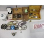 Collectables to include a silver cased wristwatch, coins, a ten shilling banknote, an enamelled