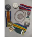 Collectables to include a silver commemorative medallion and chain 43g, WWI and II medals,