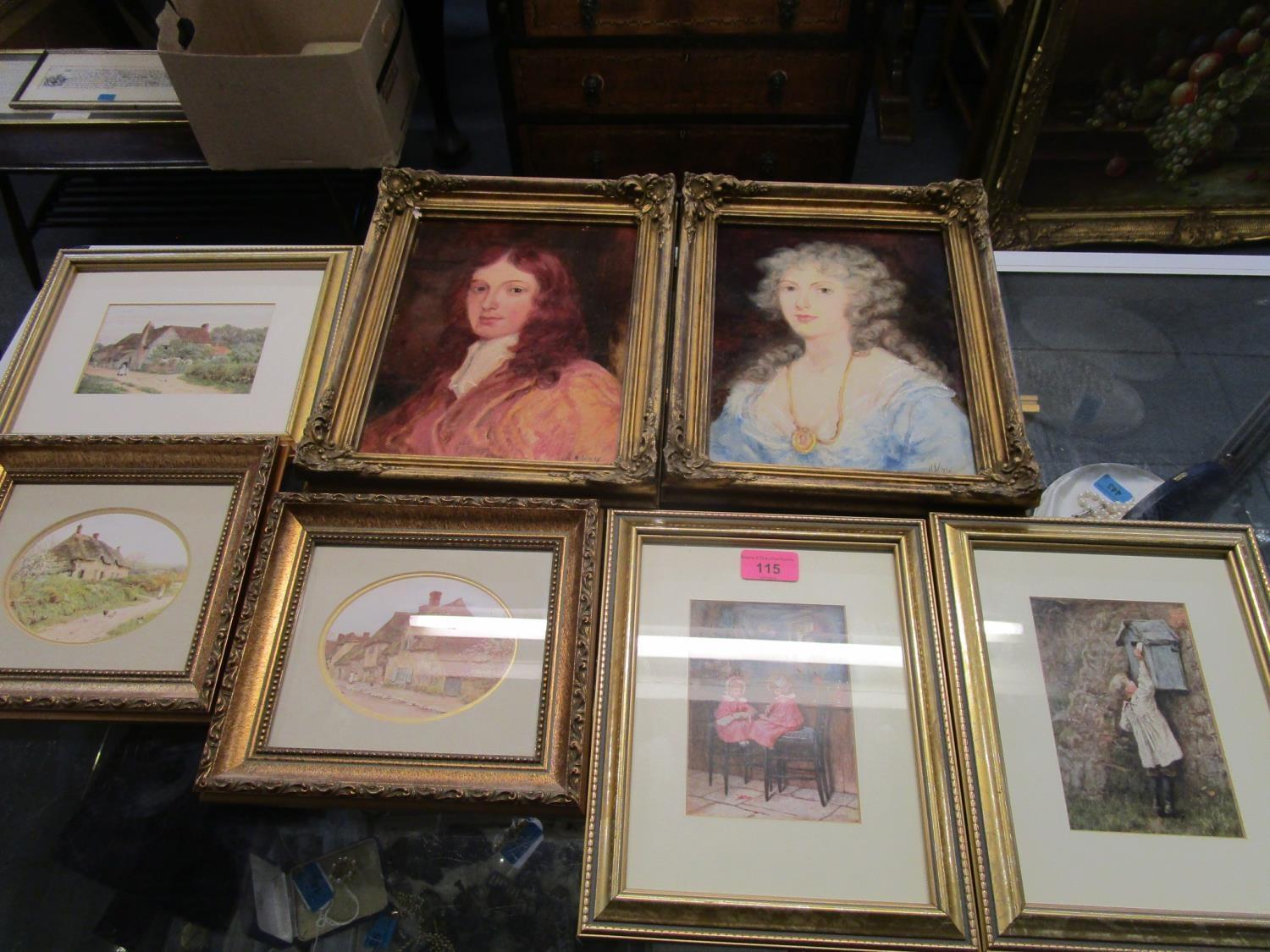 A group of seven pictures to include two modern oil portraits signed H Walsh and various framed