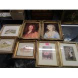 A group of seven pictures to include two modern oil portraits signed H Walsh and various framed