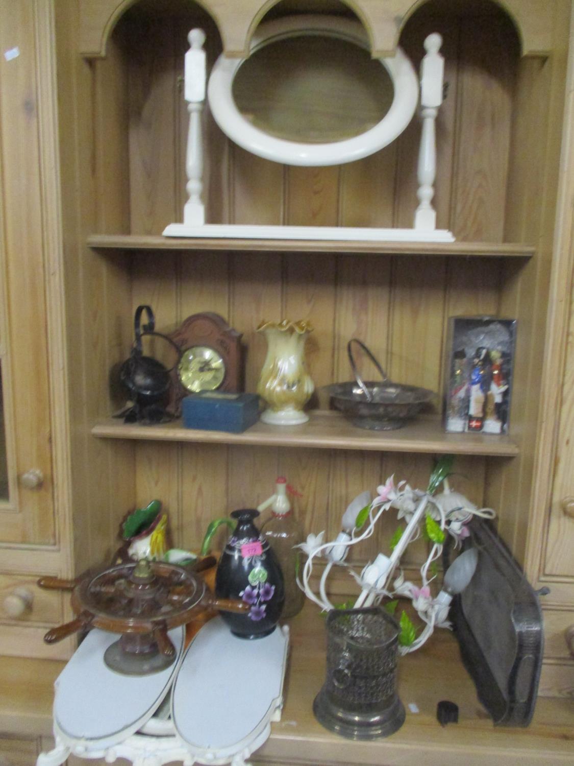 A mixed lot to include a West German vase, painted tri-fold mirror, mantle clock, silver plated tray