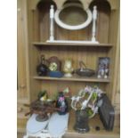 A mixed lot to include a West German vase, painted tri-fold mirror, mantle clock, silver plated tray