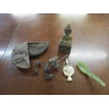 A pair of Asian brass scales in carved wooden box, with five chicken weights, snuff bottle, jade