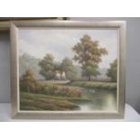 P Wilson - a river scene with a house, oil on canvas, signed and framed