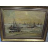 20th Century German School - a coastal scene with boats, signed, oil on canvas, 27" x 19", in a gilt