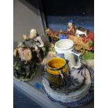 Three Capodimonte style figural groups and mixed china plates and two china tankards