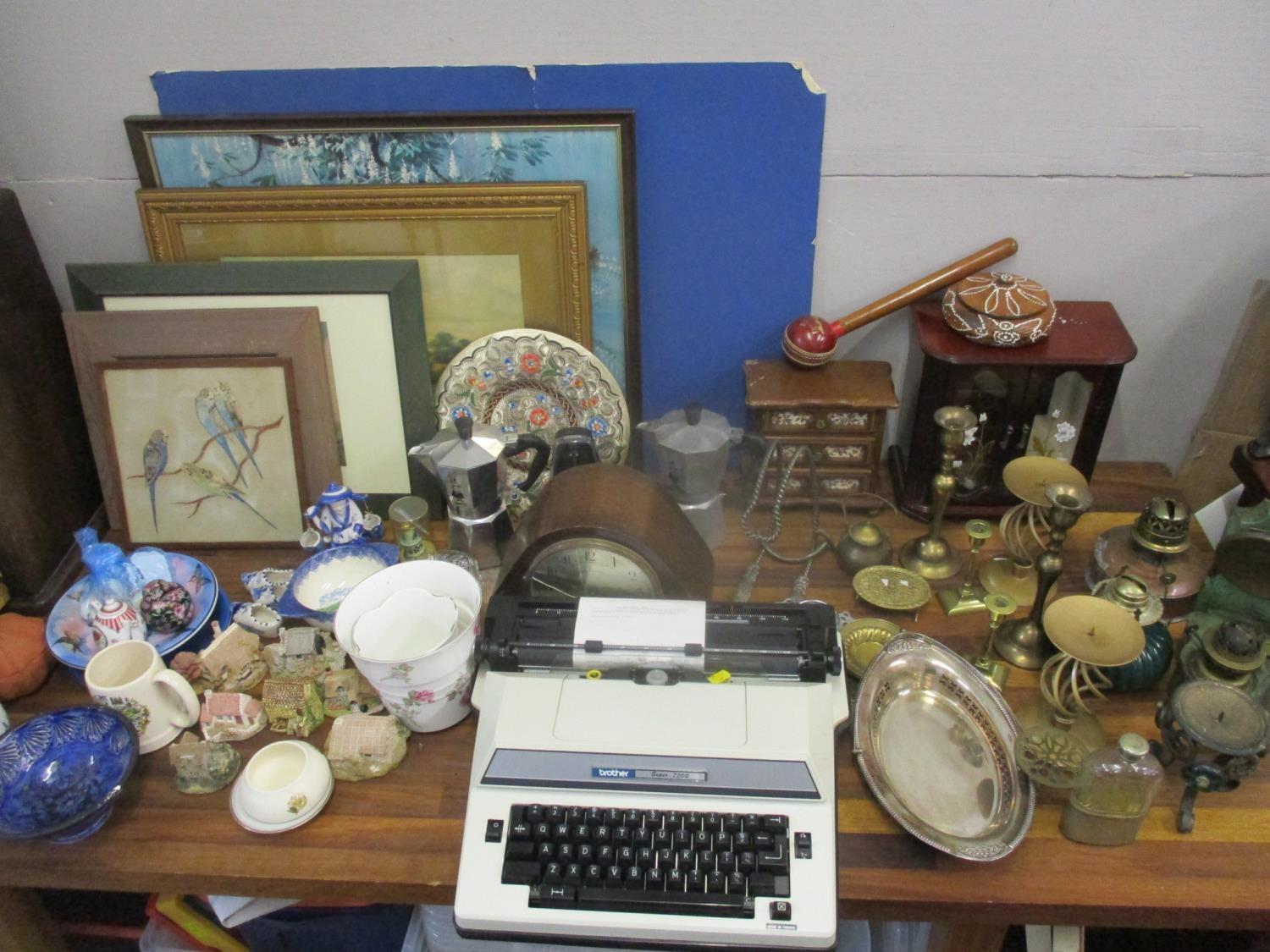 Pictures, brassware, jewellery boxes, a clock, silver plate and other items to include a Victorian