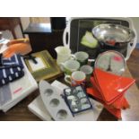 A set of modern Typhoon kitchen scales and contemporary ceramics, John Lewis pillowcase, a pair of