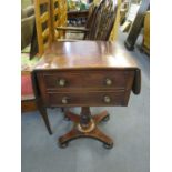 A Victorian mahogany work table, square top with twin drop flaps, two frieze drawers, the top